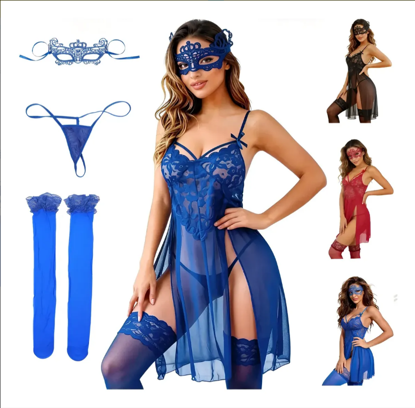 Babydoll Azul de Encaje, Set de 4 Piezas con Antifaz, imagen 1