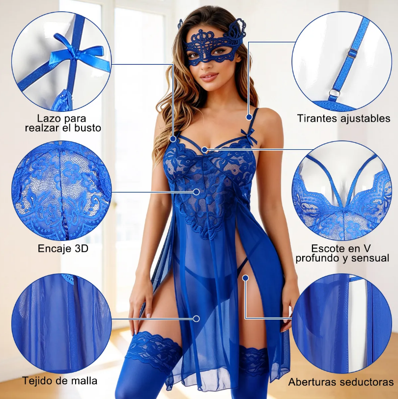 Babydoll Azul de Encaje, Set de 4 Piezas con Antifaz, imagen 2