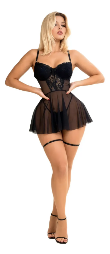 Babydoll Negro de Encaje con Falda Transparente y Ligas, imagen 2