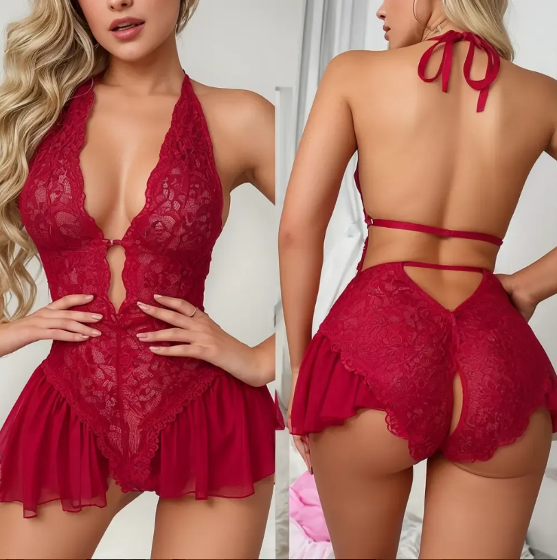 Babydoll Rojo de Encaje con Cuello Halter y Falda Abierta, imagen 5