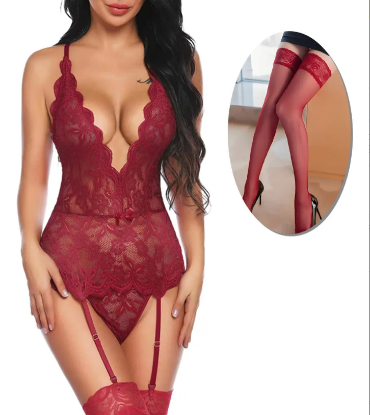 Babydoll Vino de Encaje con Liguero y Medias, imagen 1