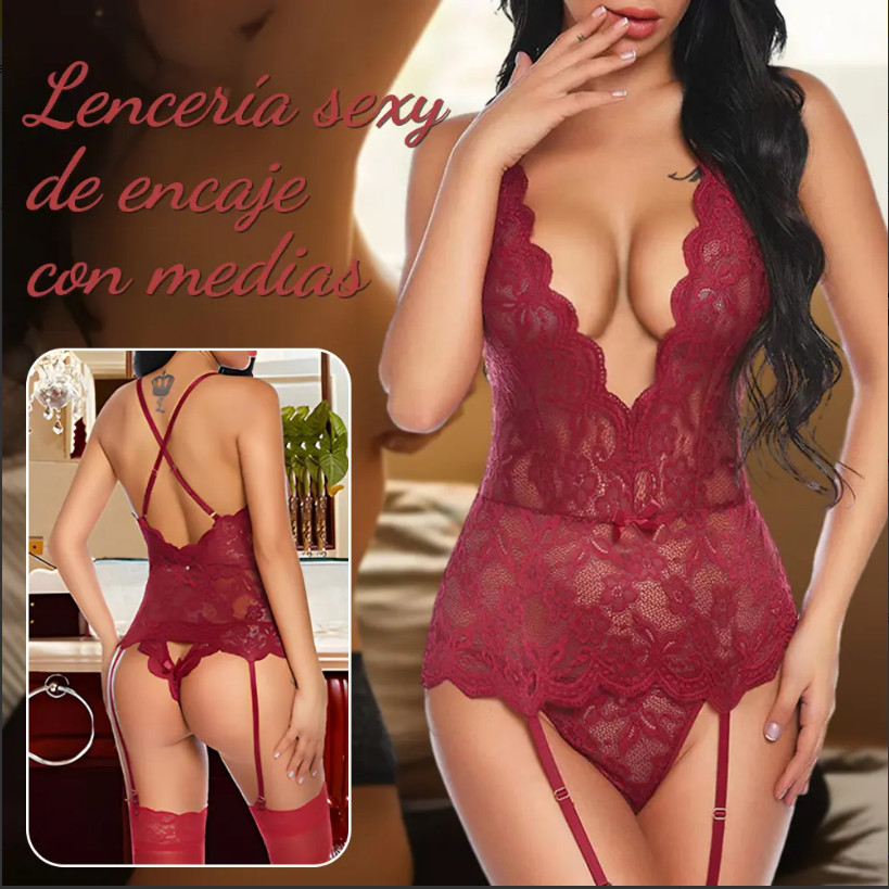 Babydoll Vino de Encaje con Liguero y Medias, imagen 2