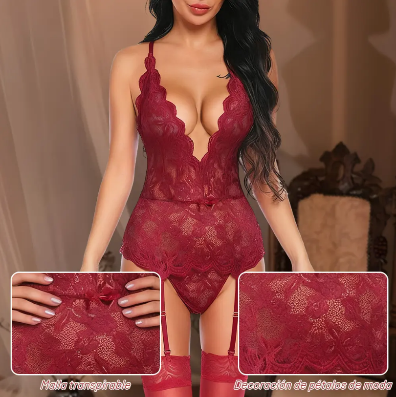 Babydoll Vino de Encaje con Liguero y Medias, imagen 5