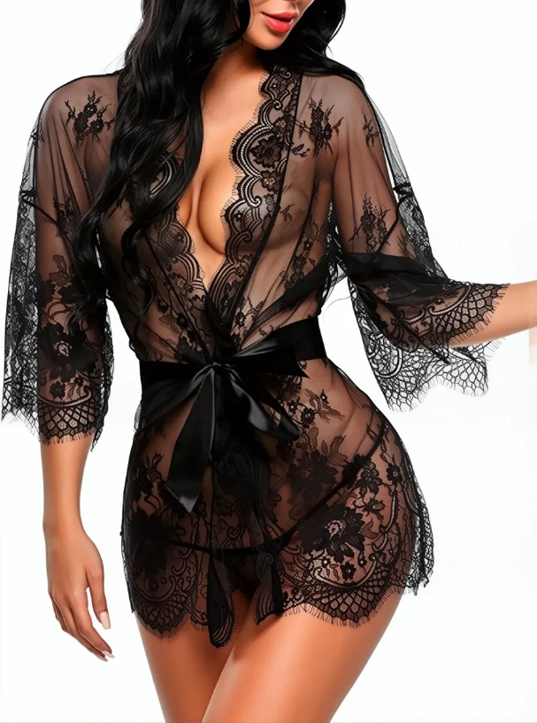 Bata Kimono Negra de Encaje Transparente con Cinturón, imagen 1