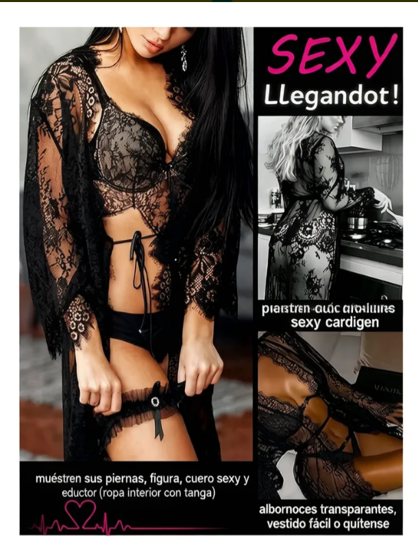 Bata Kimono Negra de Encaje Transparente con Cinturón, imagen 5
