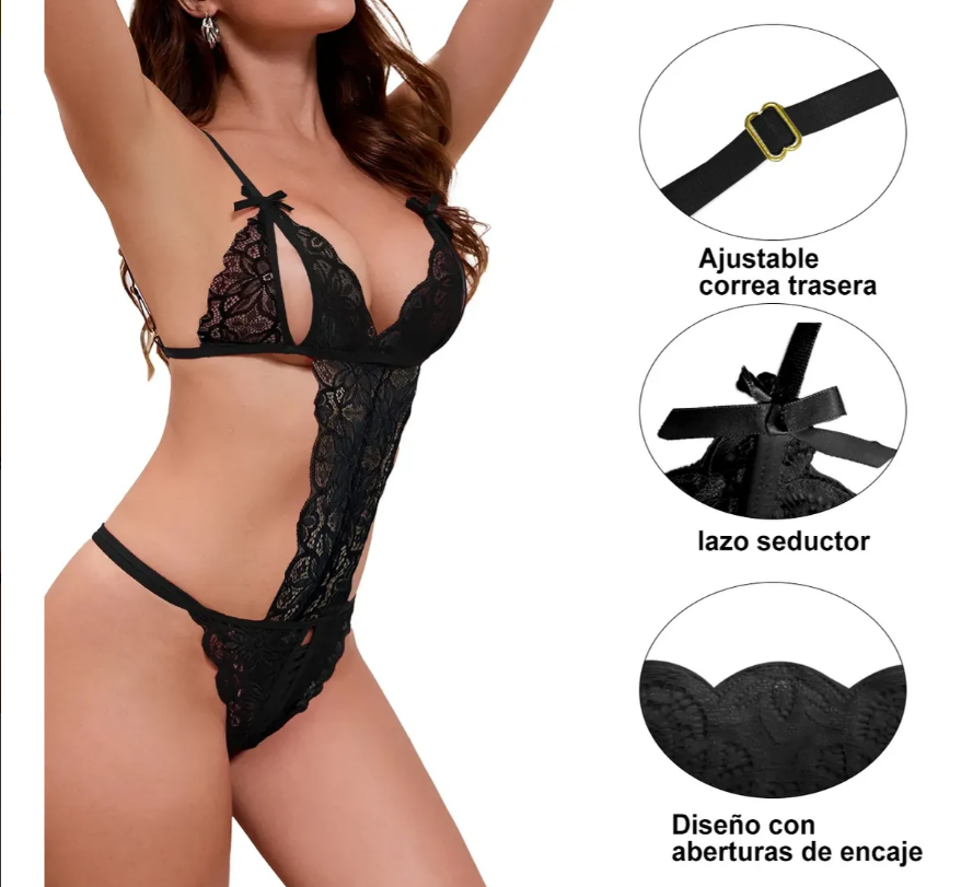 Body Negro de Encaje Floral con Aberturas y Moños, imagen 2