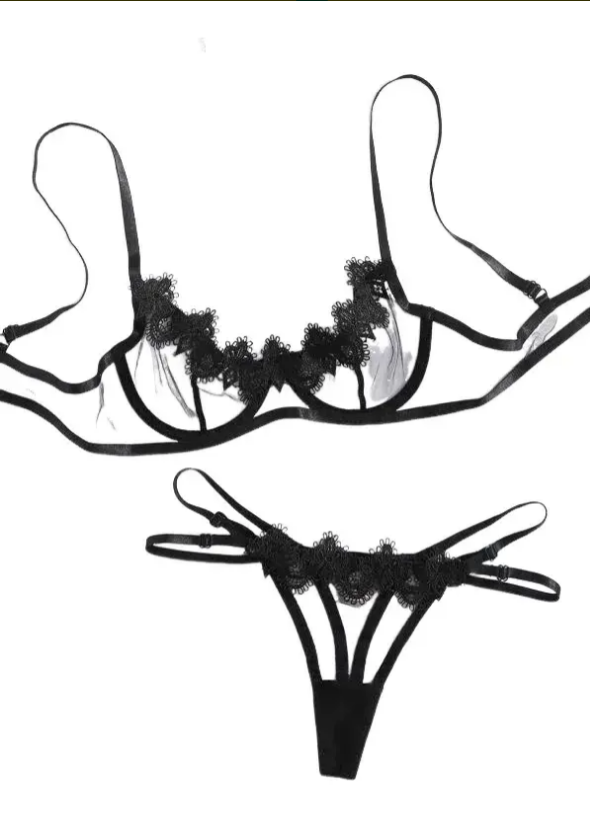 Conjunto Negro de Malla Transparente con Bordado Floral, imagen 5