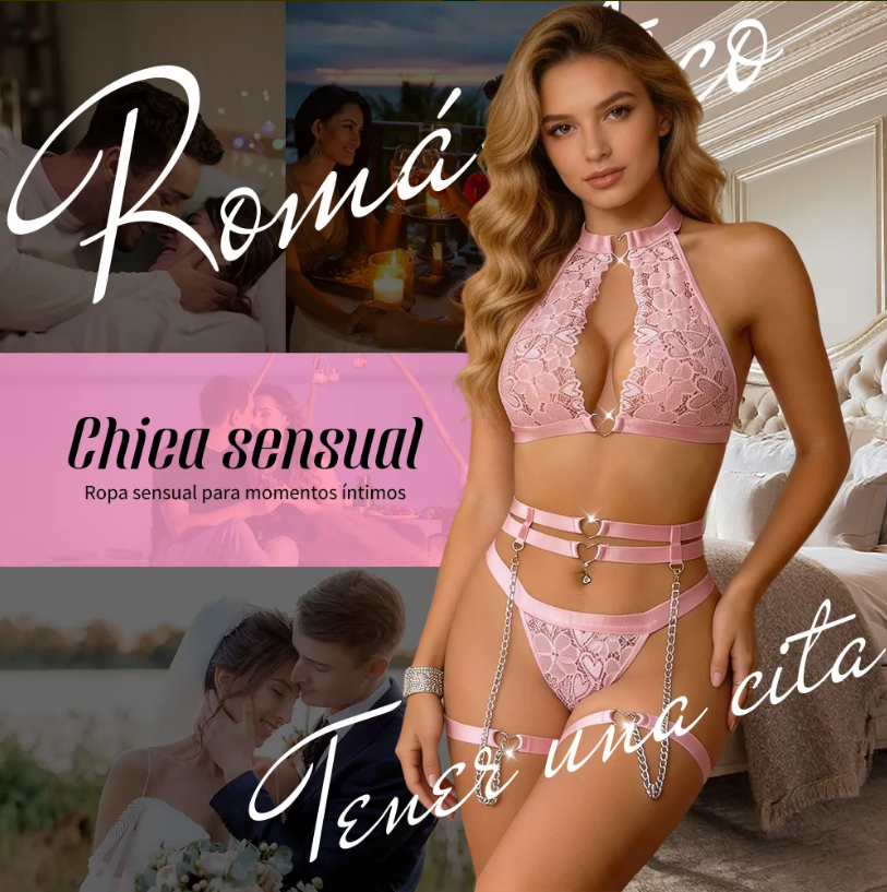 Conjunto Rosa de Encaje con Corazones, Arnés y Cadenas, imagen 2