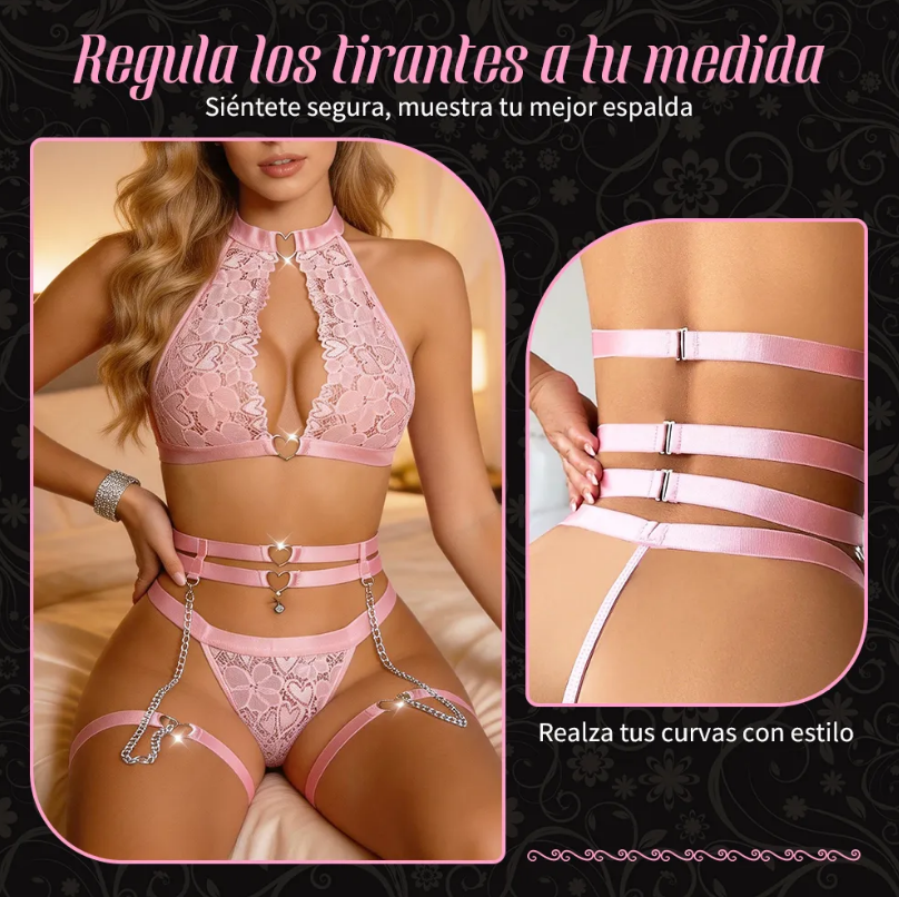 Conjunto Rosa de Encaje con Corazones, Arnés y Cadenas, imagen 4