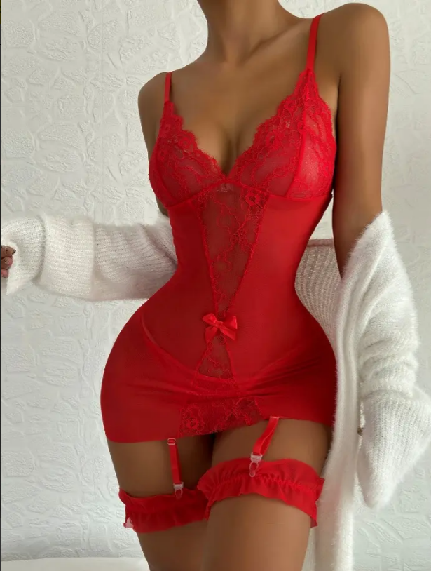 Mini Babydoll Rojo de Encaje con Ligueros, imagen 2