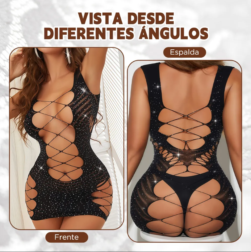 Mini Vestido Negro Brillante con Cordones y Medias, imagen 5