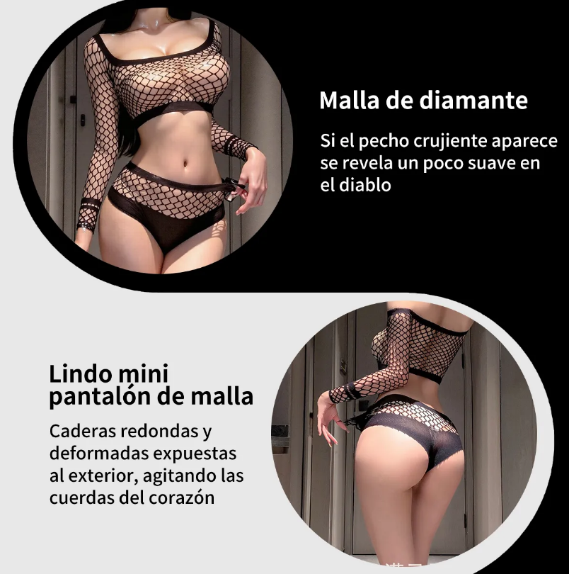Set de Malla Diamante con Top de Manga Larga y Panty, imagen 2