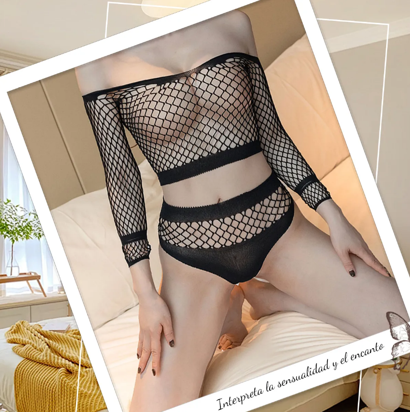 Set de Malla Diamante con Top de Manga Larga y Panty, imagen 3